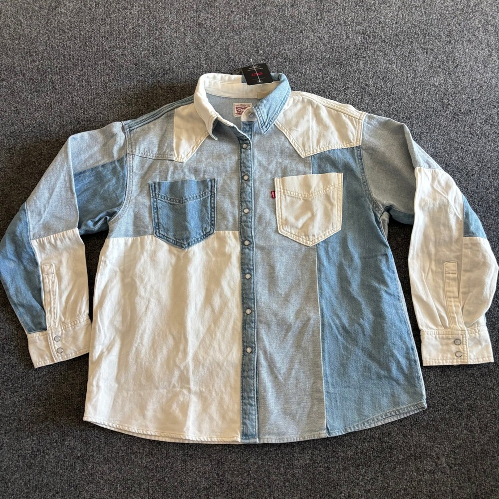 Levis The Western Shirt Relaxed Fit Patchwork Denim Blue White A5974-0001 Medium